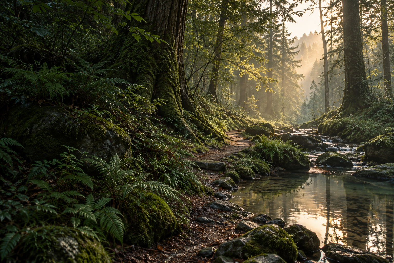 Original concept landscape of a sunlit woodland stream